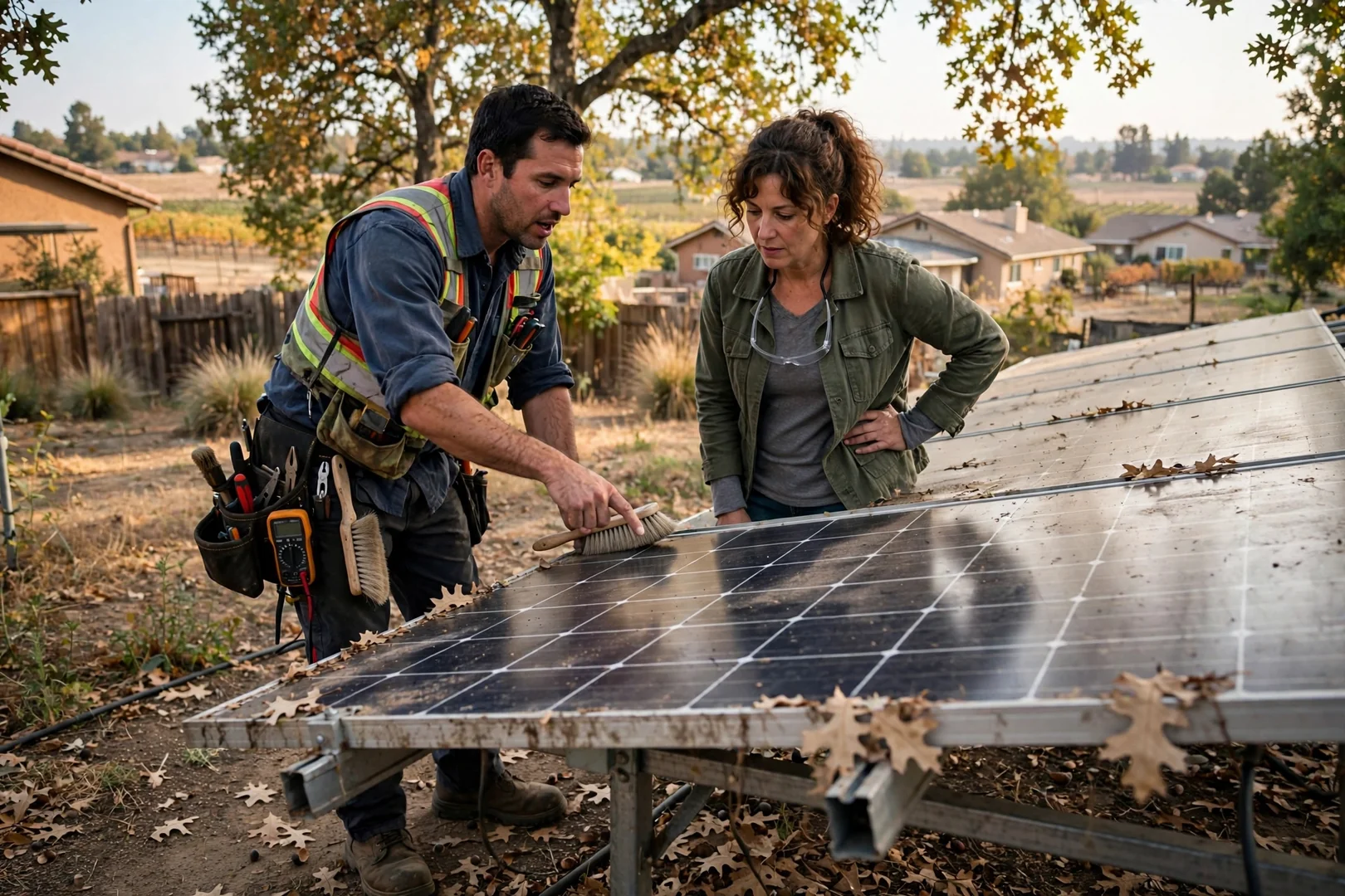 Business owner reviewing commercial solar system plans and cost breakdown at a Lodi property