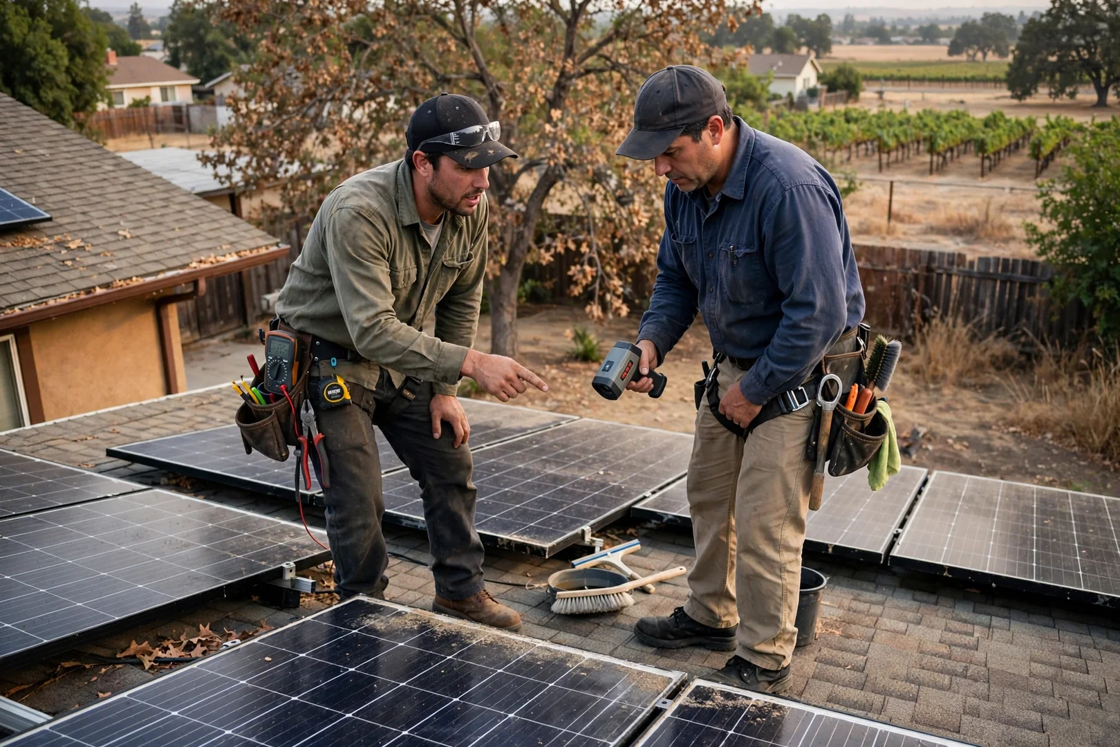 Commercial rooftop solar array on a Lodi business building under clear valley skies