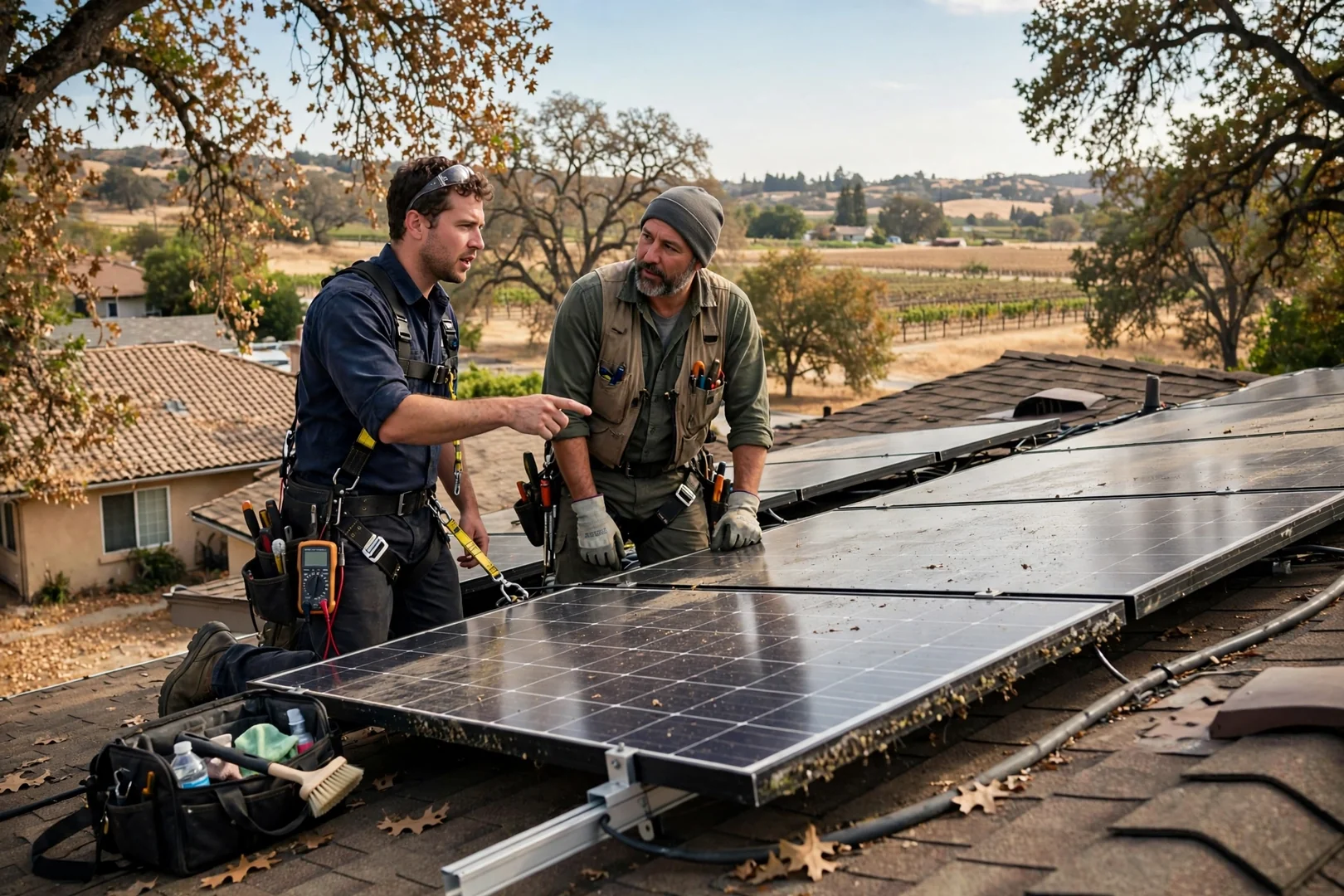 Crew installing rooftop solar panel array on a commercial building in Lodi California