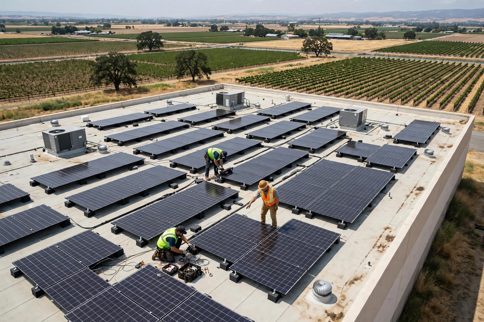 Wide view of flat commercial warehouse roof covered with newly installed solar module rows
