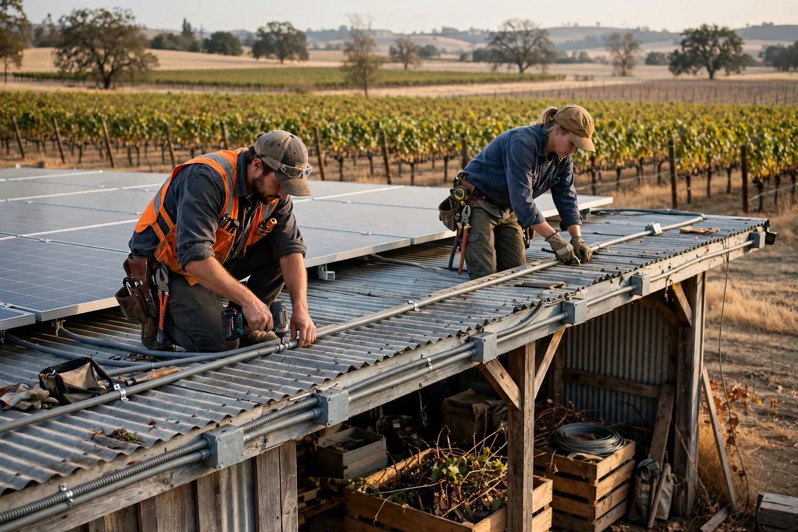 Solar panels mounted on metal roof of agricultural packing shed near vineyard rows