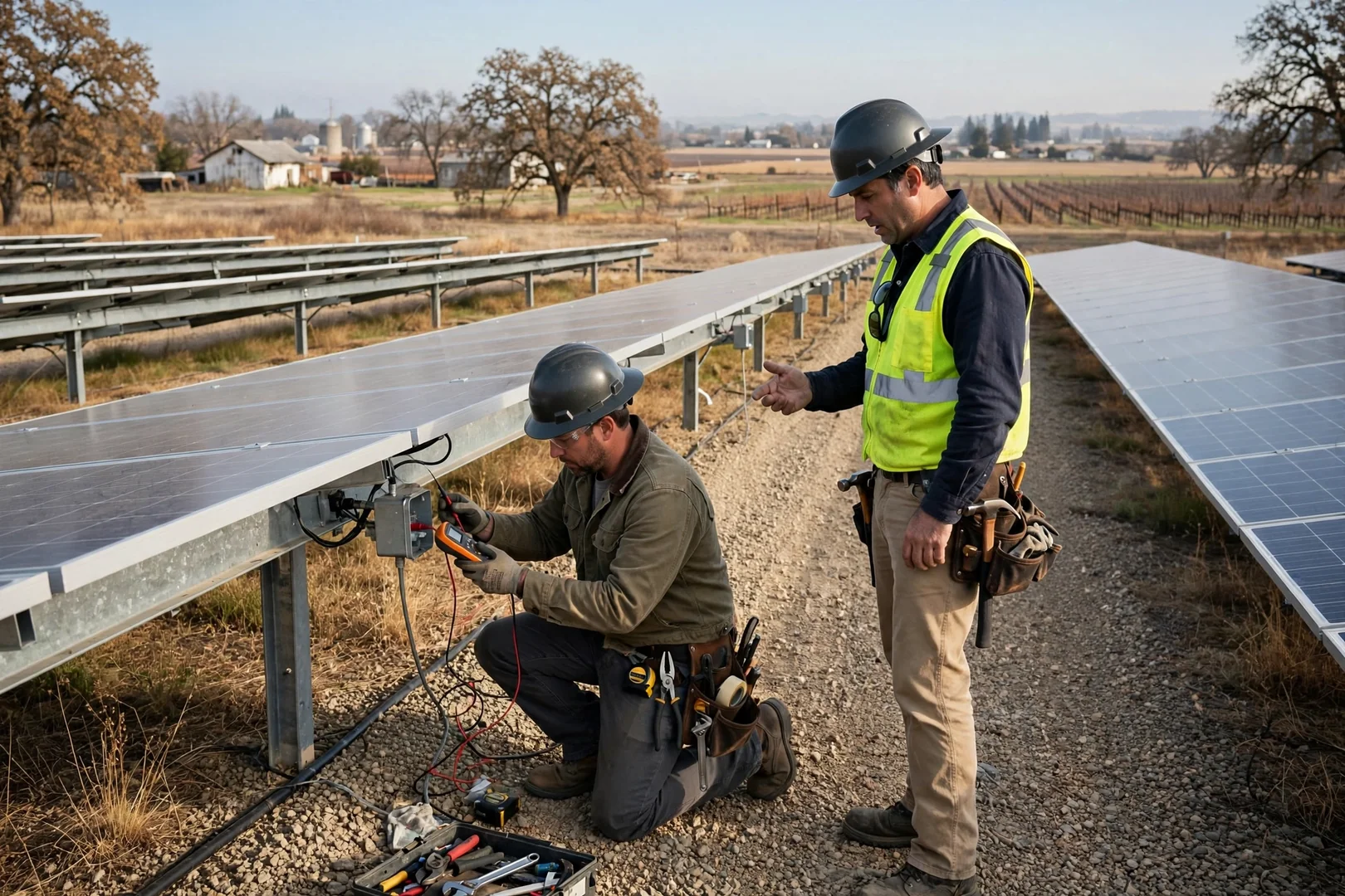 Ground-mounted commercial solar array on open field with wide gravel access lanes between rows