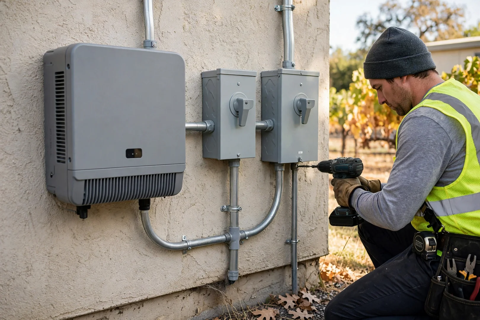 Close-up of newly installed solar inverter and labeled disconnect on exterior shop wall