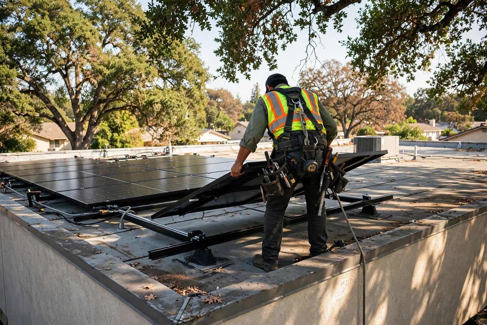 Technician replacing solar modules on small office building roof beside mature oak trees