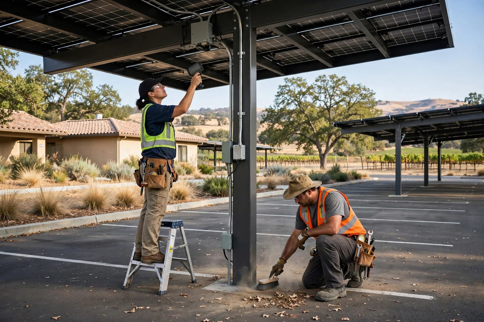 Solar carport canopy shading paved parking stalls at community campus in Lodi