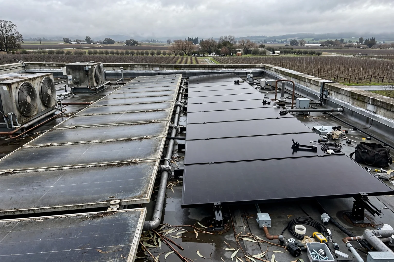 Expanded rooftop solar strings above cold storage facility with refrigeration equipment visible