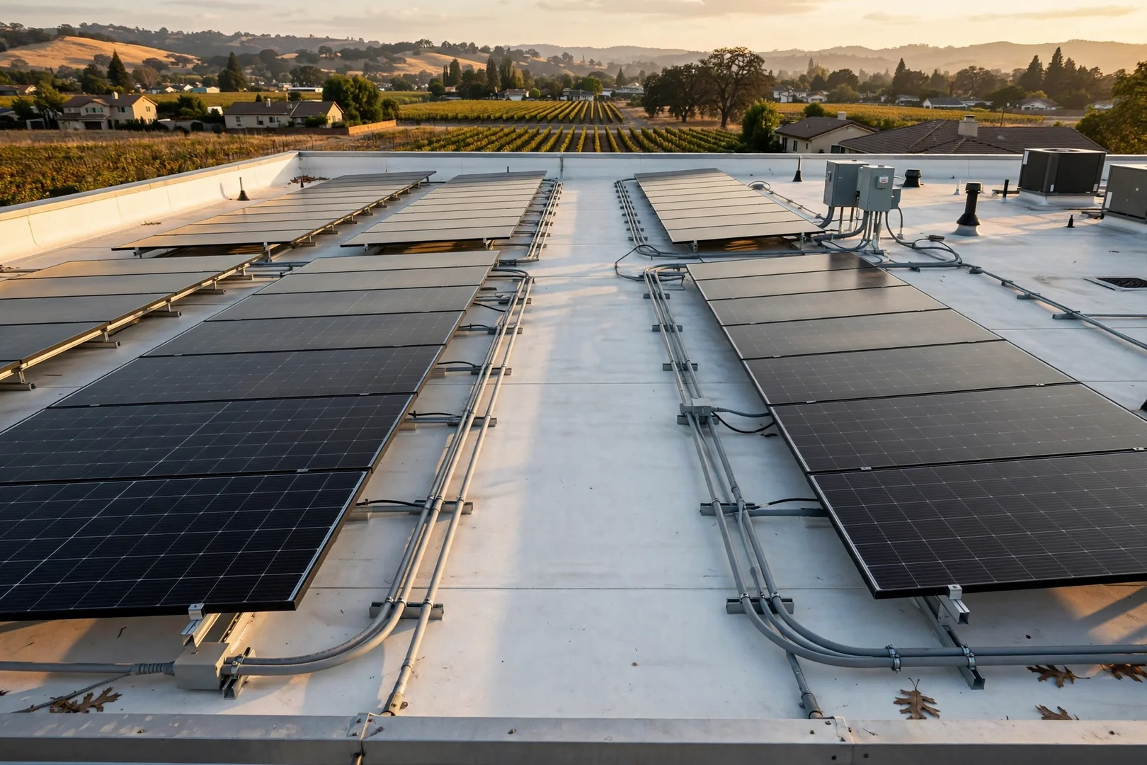 Finished commercial rooftop solar system with clear maintenance walkway between panel rows