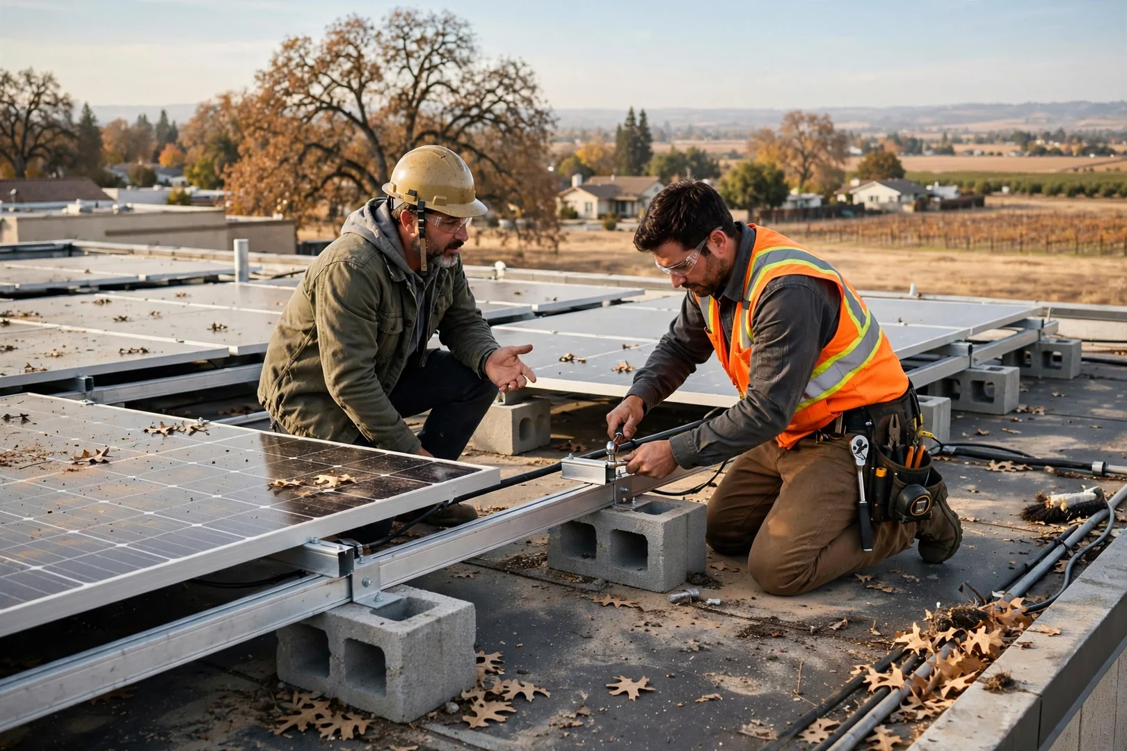 Rooftop commercial solar array with ballasted racking on a local business building