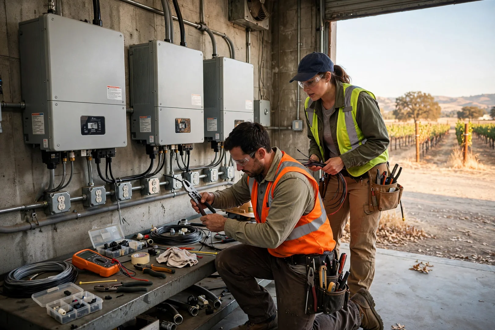 Technician wiring three-phase solar inverters inside a Lodi warehouse electrical room