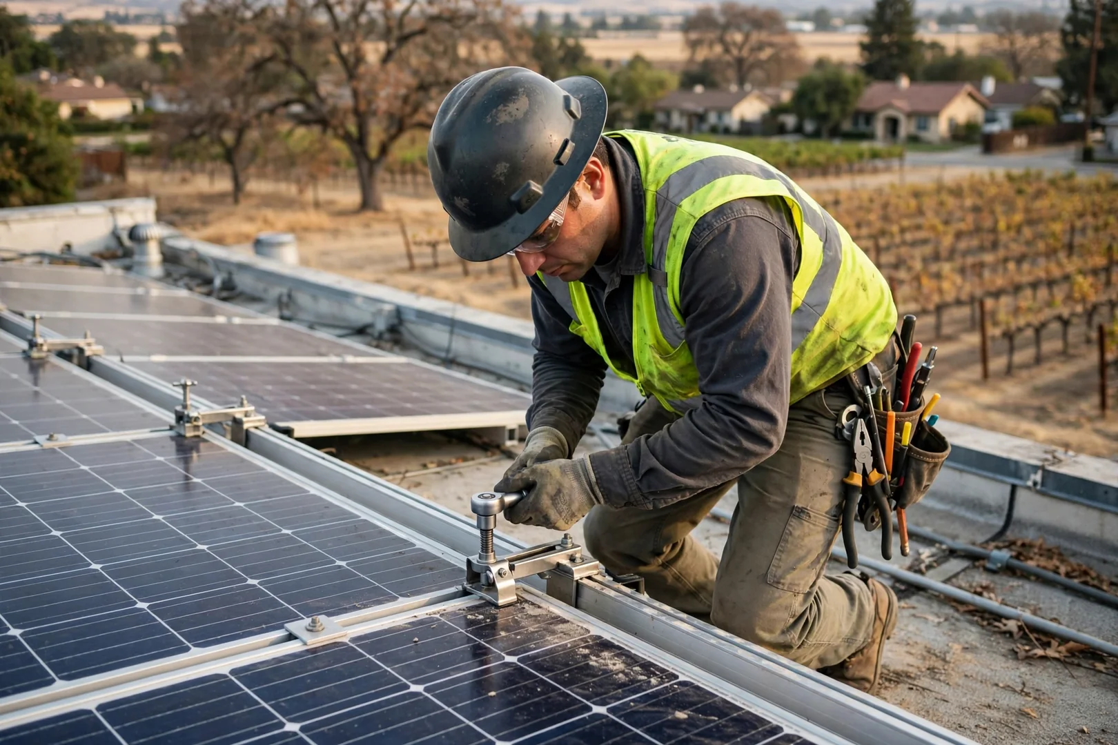 Installer checking module clamp torque during commercial solar walkthrough
