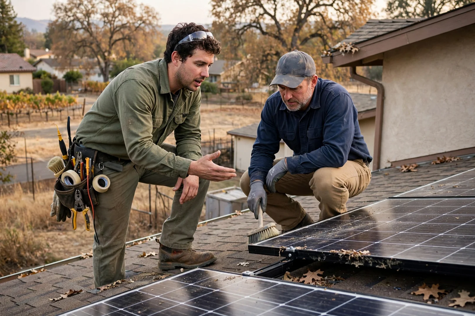 Installer reviewing ground-mount solar layout plans and cost estimate on a Lodi property