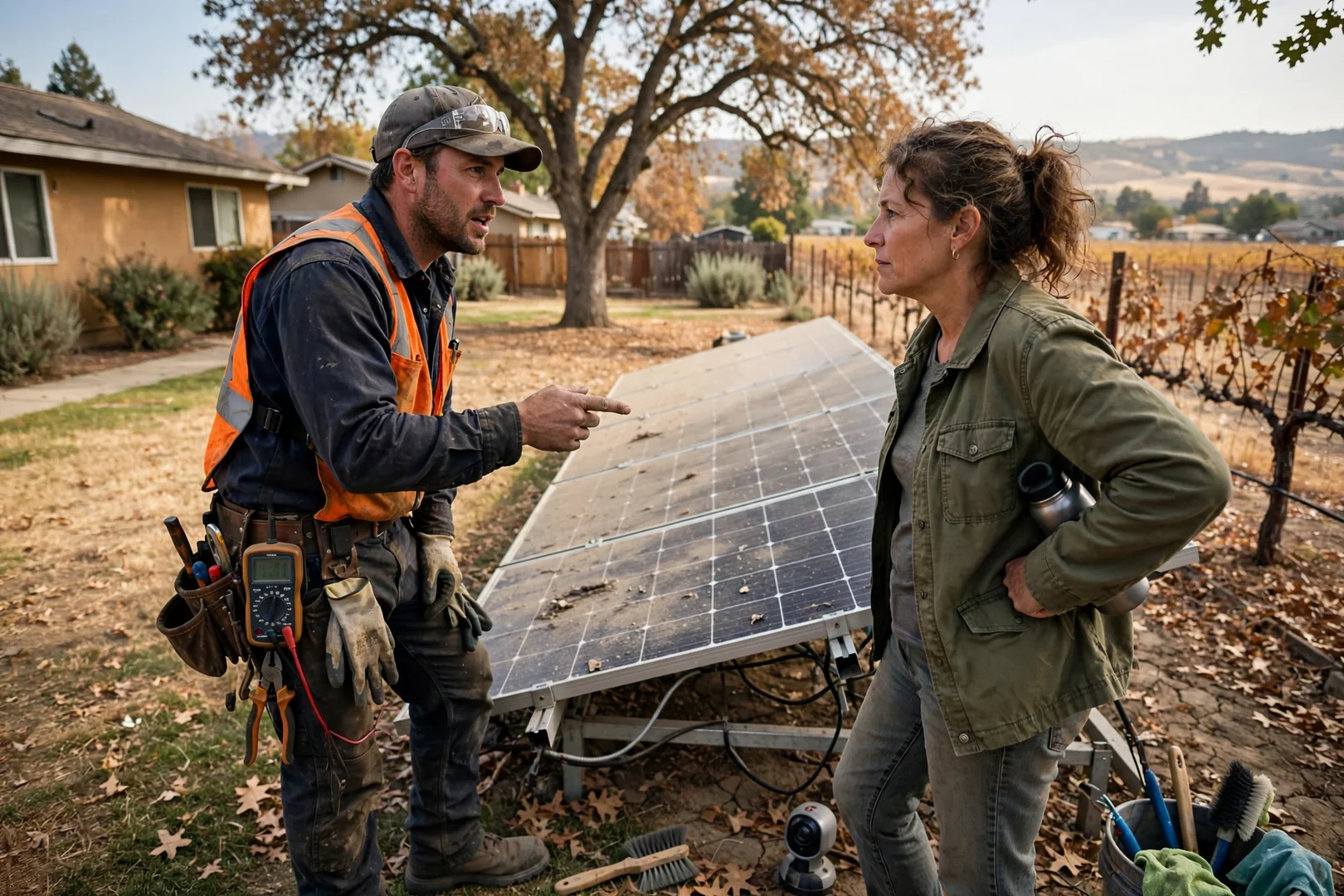 Technician measuring ground mount racking rows on an open Lodi property before solar panel installation