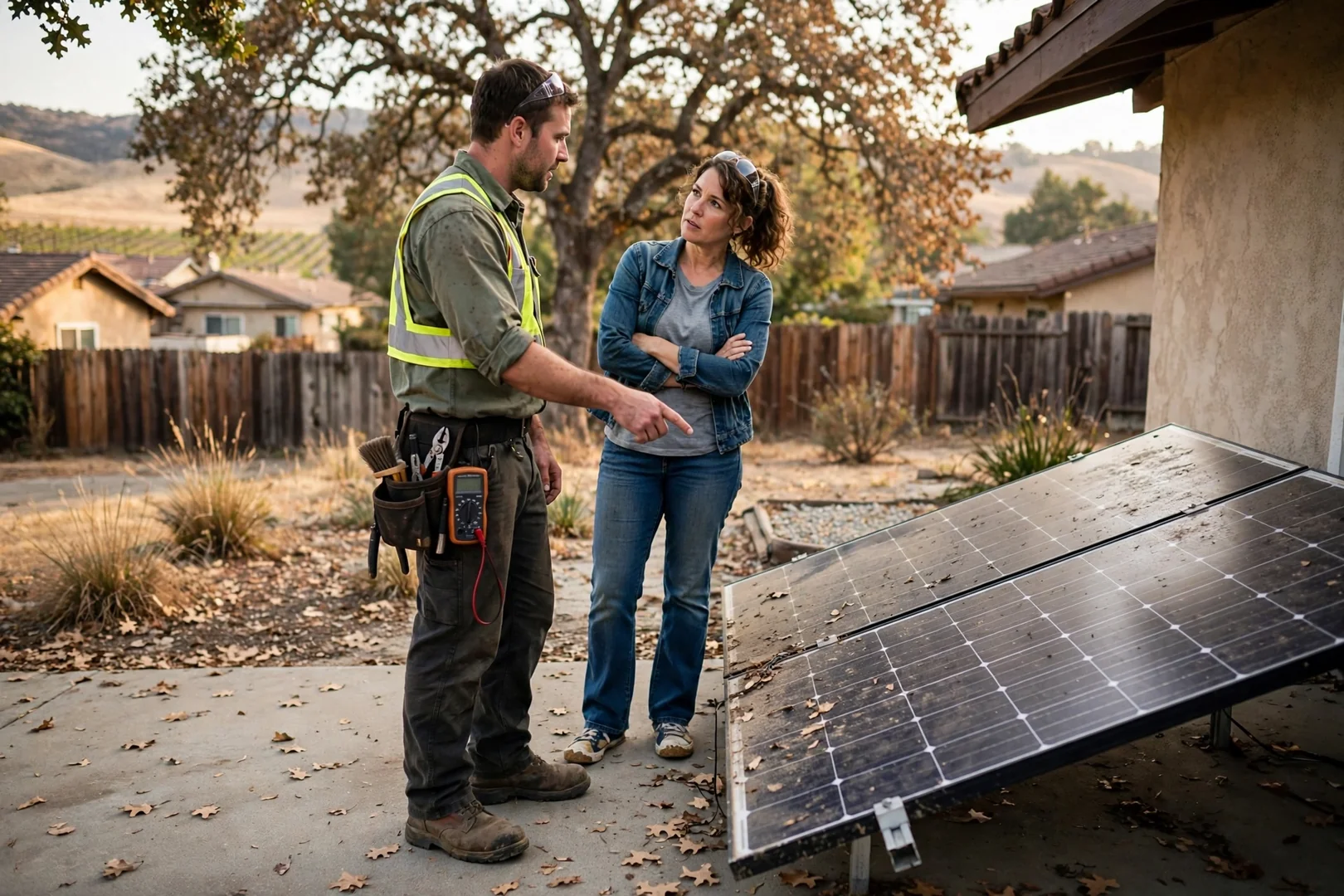Ground-mounted solar array on steel racking beside a rural Lodi home at sunset