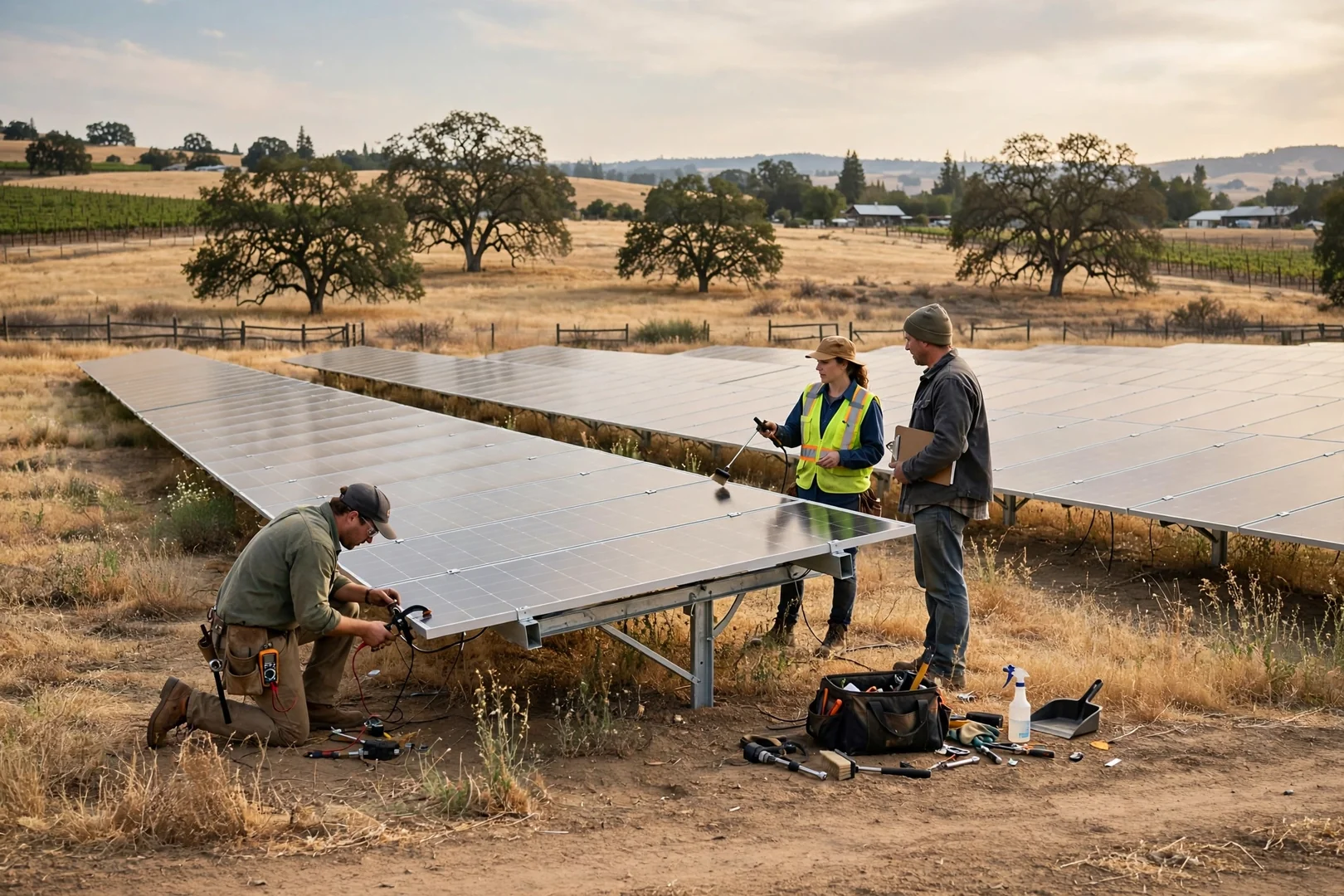 Wide shot of a completed ground-mounted solar array on open ranch land near Lodi