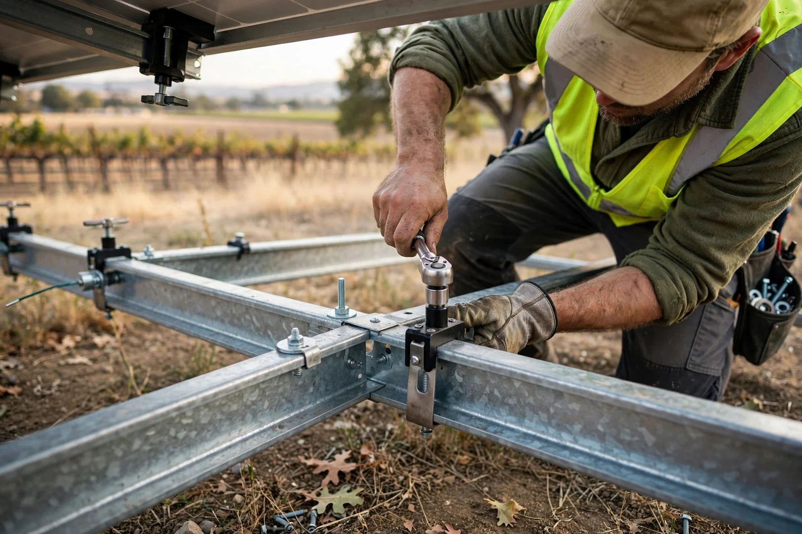 Close-up of galvanized racking rails and module clamps on a ground-mount solar frame