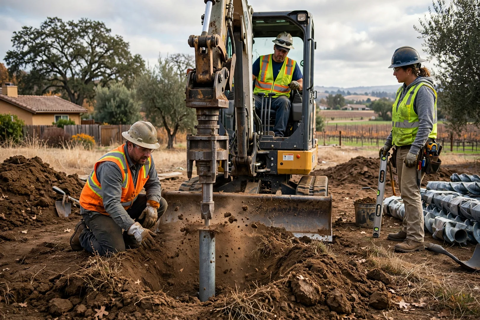 Crew setting driven piers for a ground-mount solar foundation in loam soil
