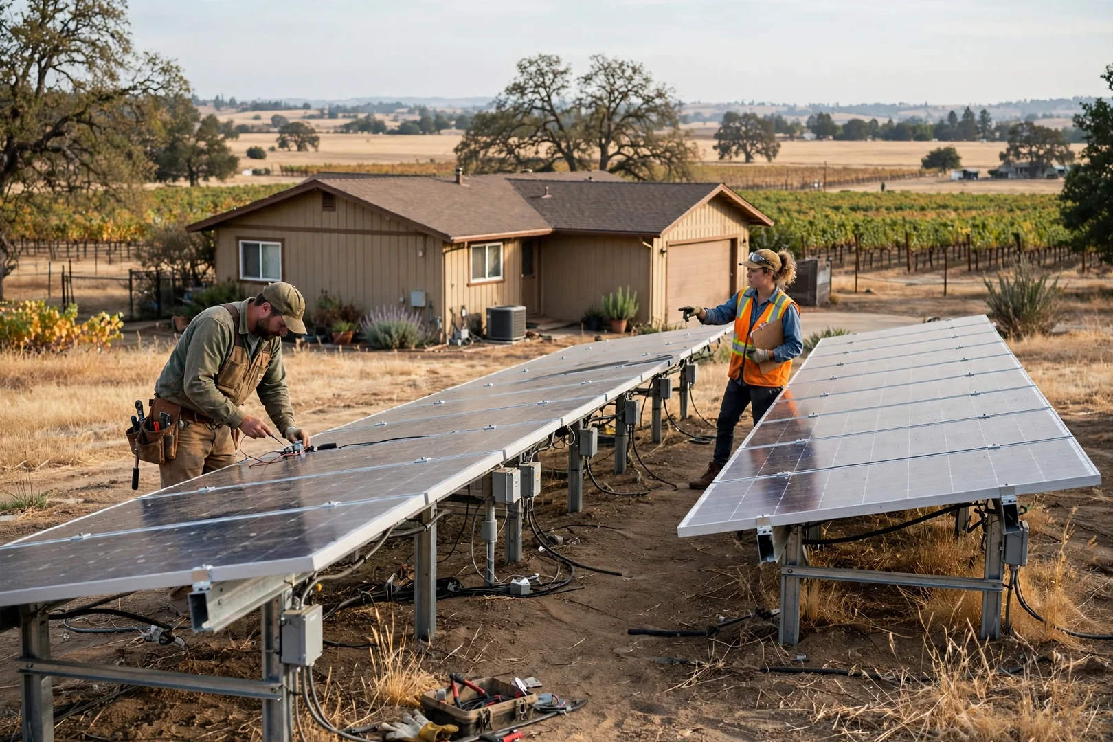 Two-row ground-mounted solar array behind a ranch-style home with vineyard rows beyond