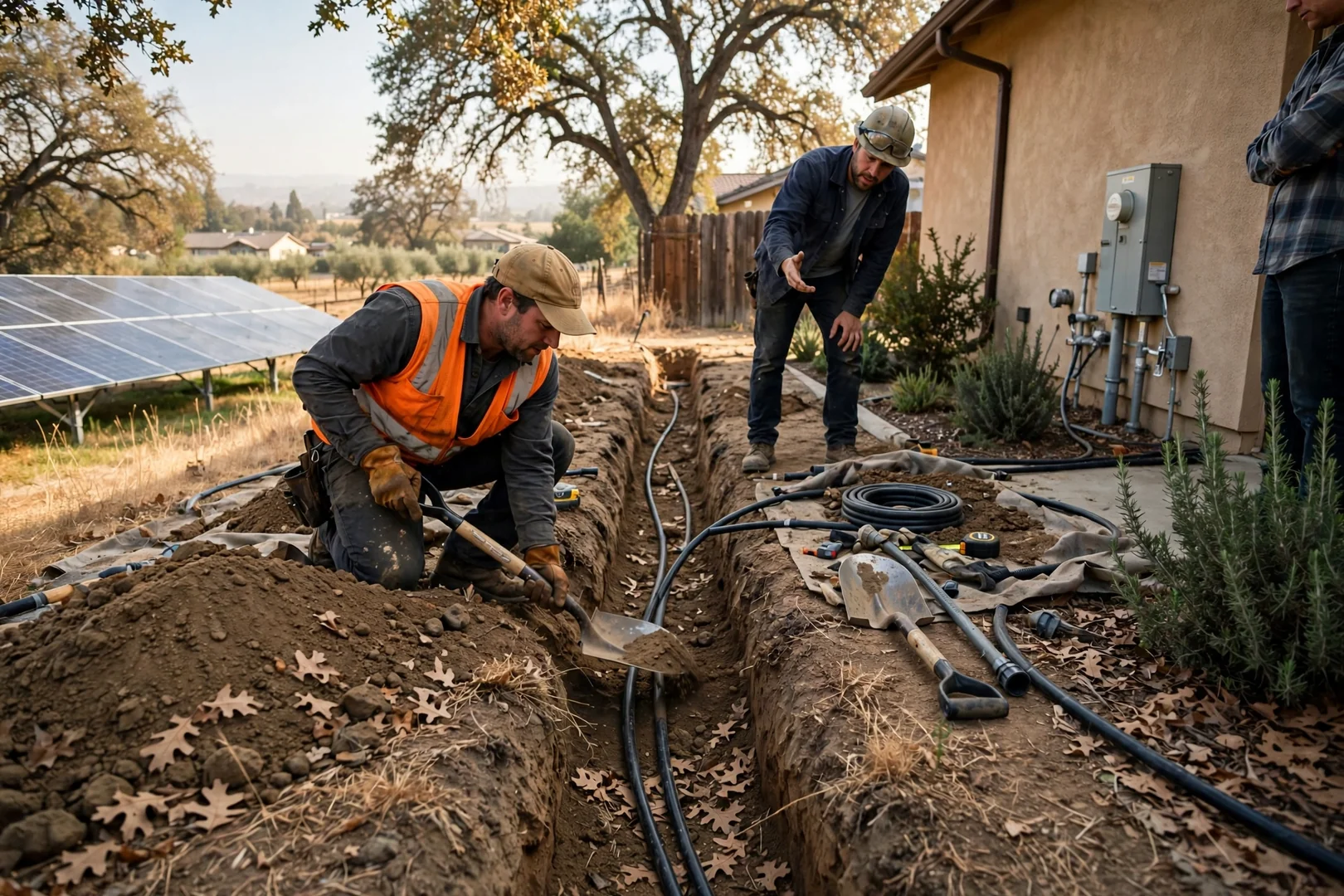 Trenching for conduit runs between a ground-mount solar array and home service panel