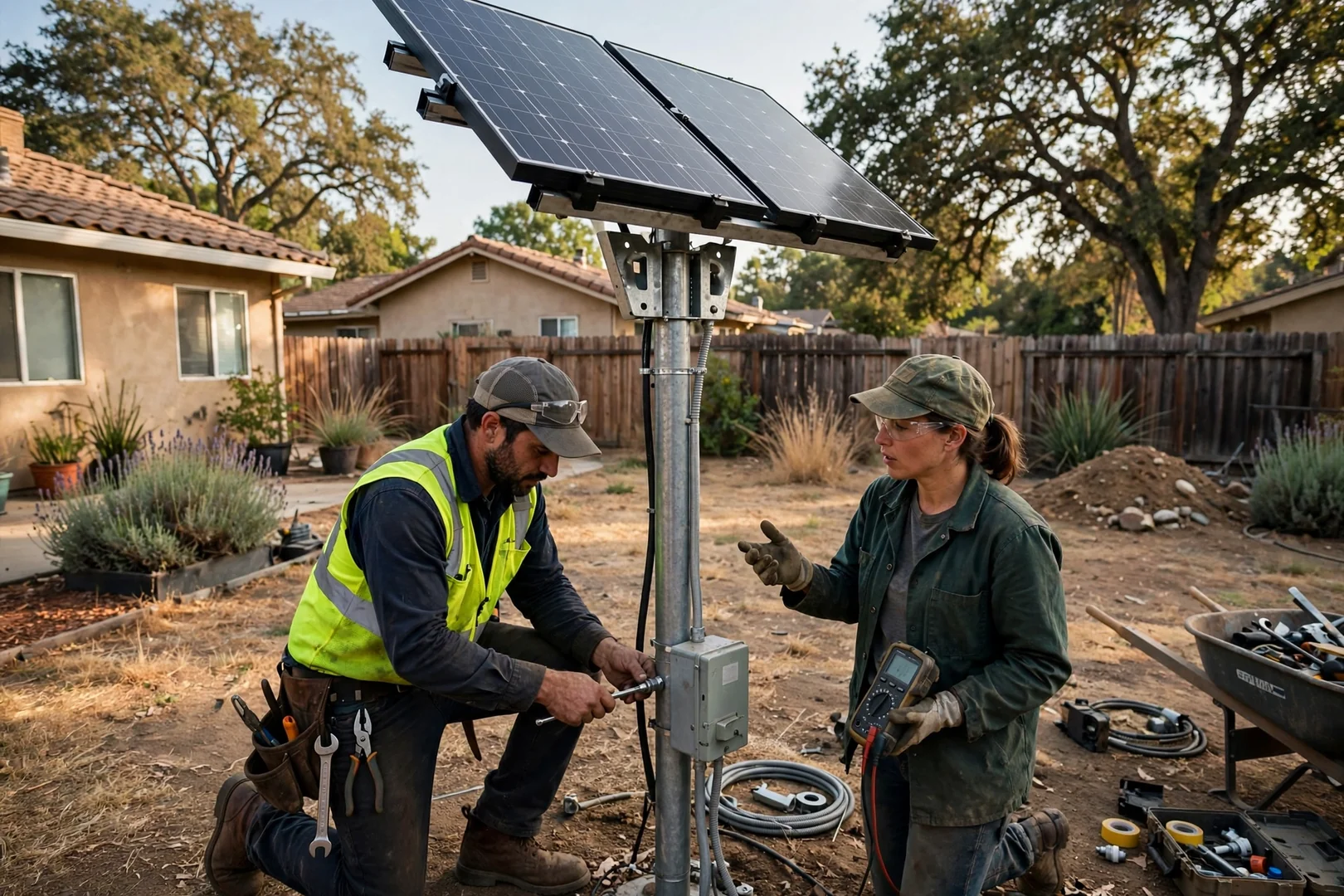 Pole-mounted solar array in a residential backyard clear of mature oak shade