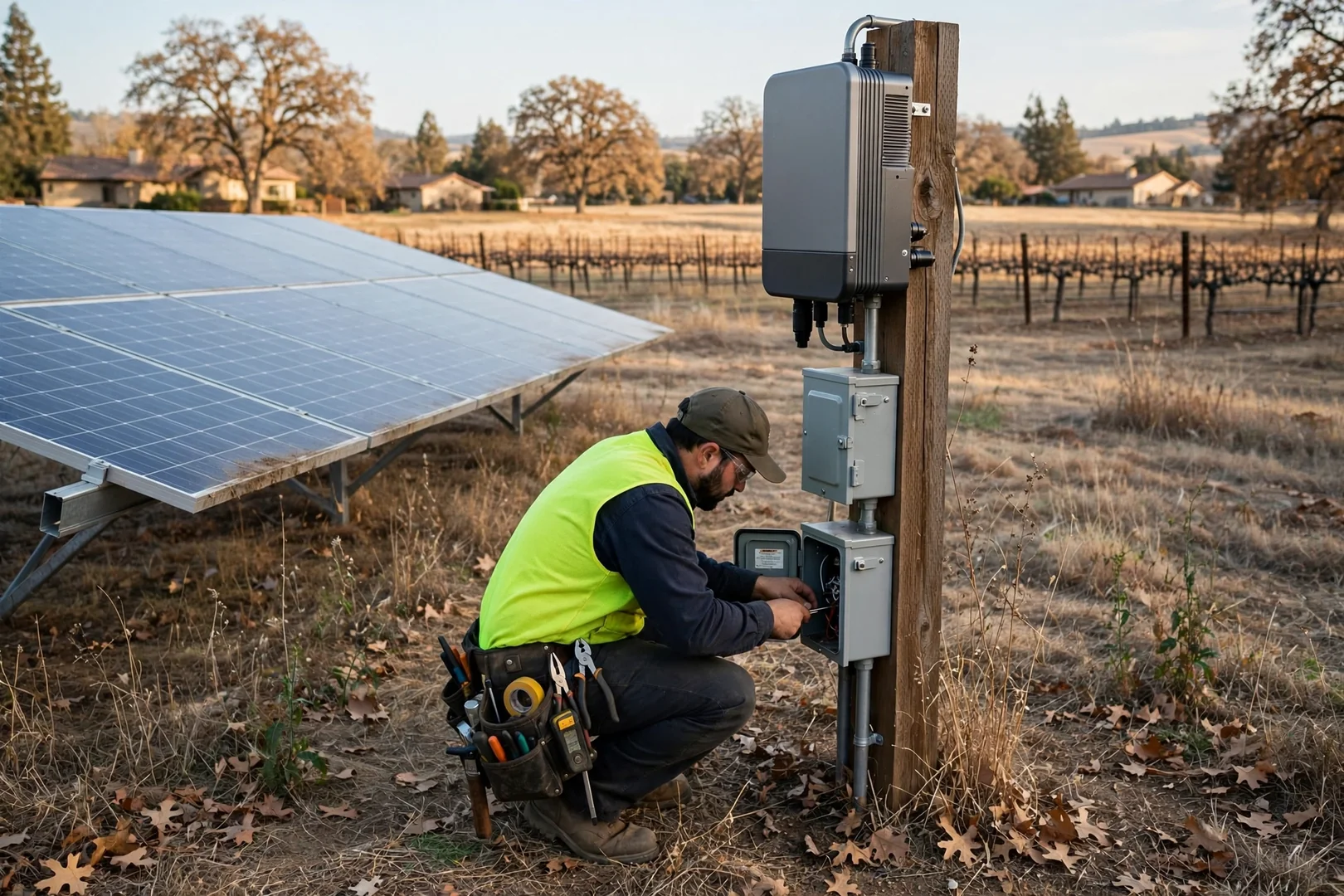 Inverter and labeled disconnect enclosures mounted on a post beside a ground-mount array