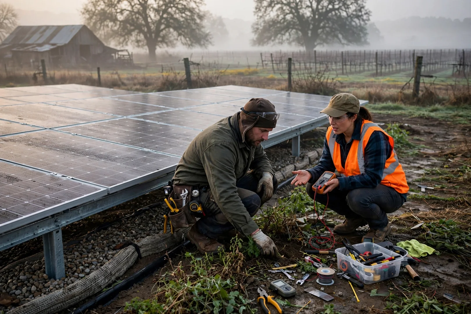 Morning fog lifting over a finished ground-mounted solar installation on farmland