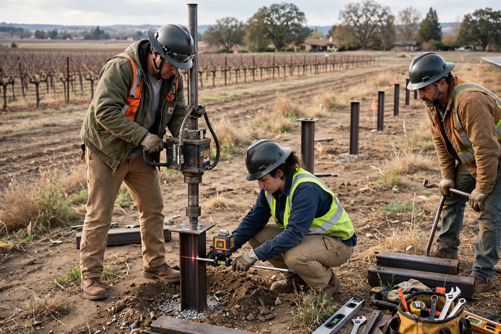 Crew setting steel piers for a ground-mounted solar array on open Lodi acreage
