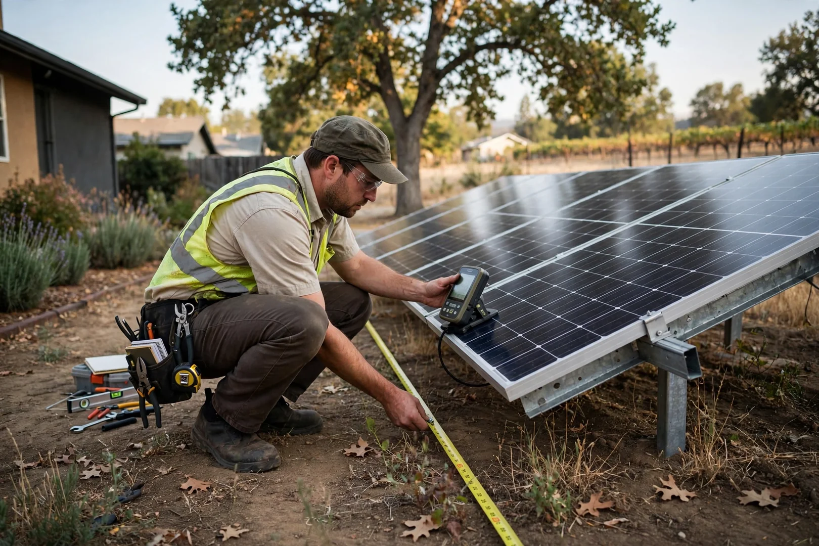 Installer checking tilt angle and row spacing on a residential ground-mount solar system
