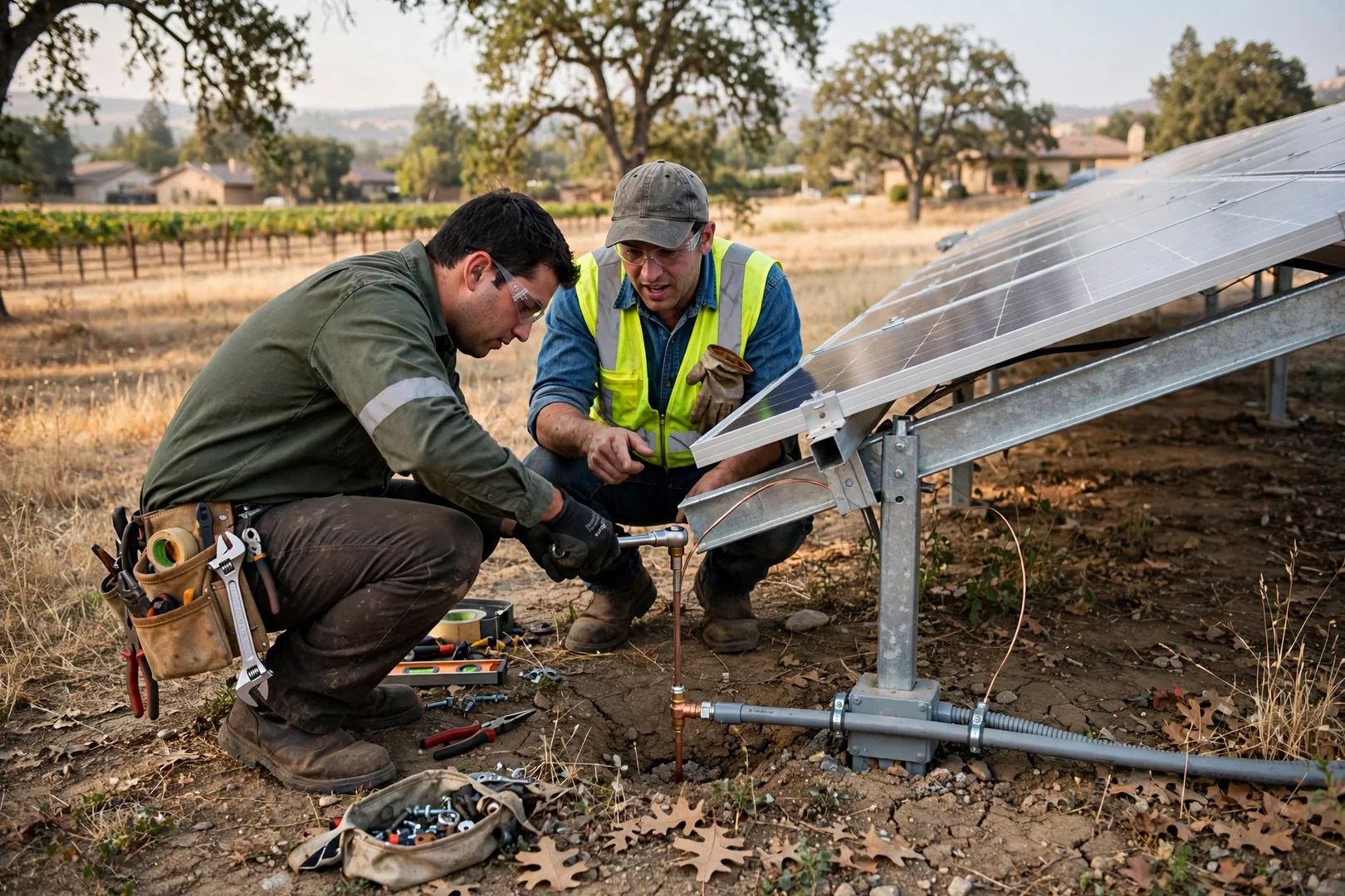 Conduit run and grounding connections at the base of a ground-mounted solar array