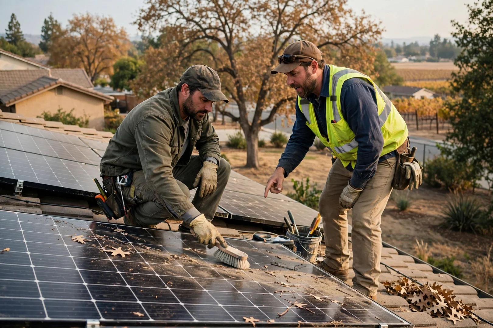 Solar consultant reviewing hybrid system pricing worksheet with homeowners at kitchen table