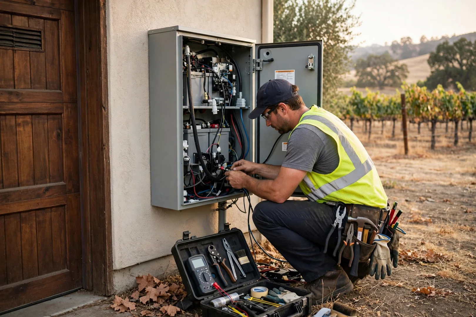 Battery storage cabinet mounted beside a garage wall on a Lodi ranch home