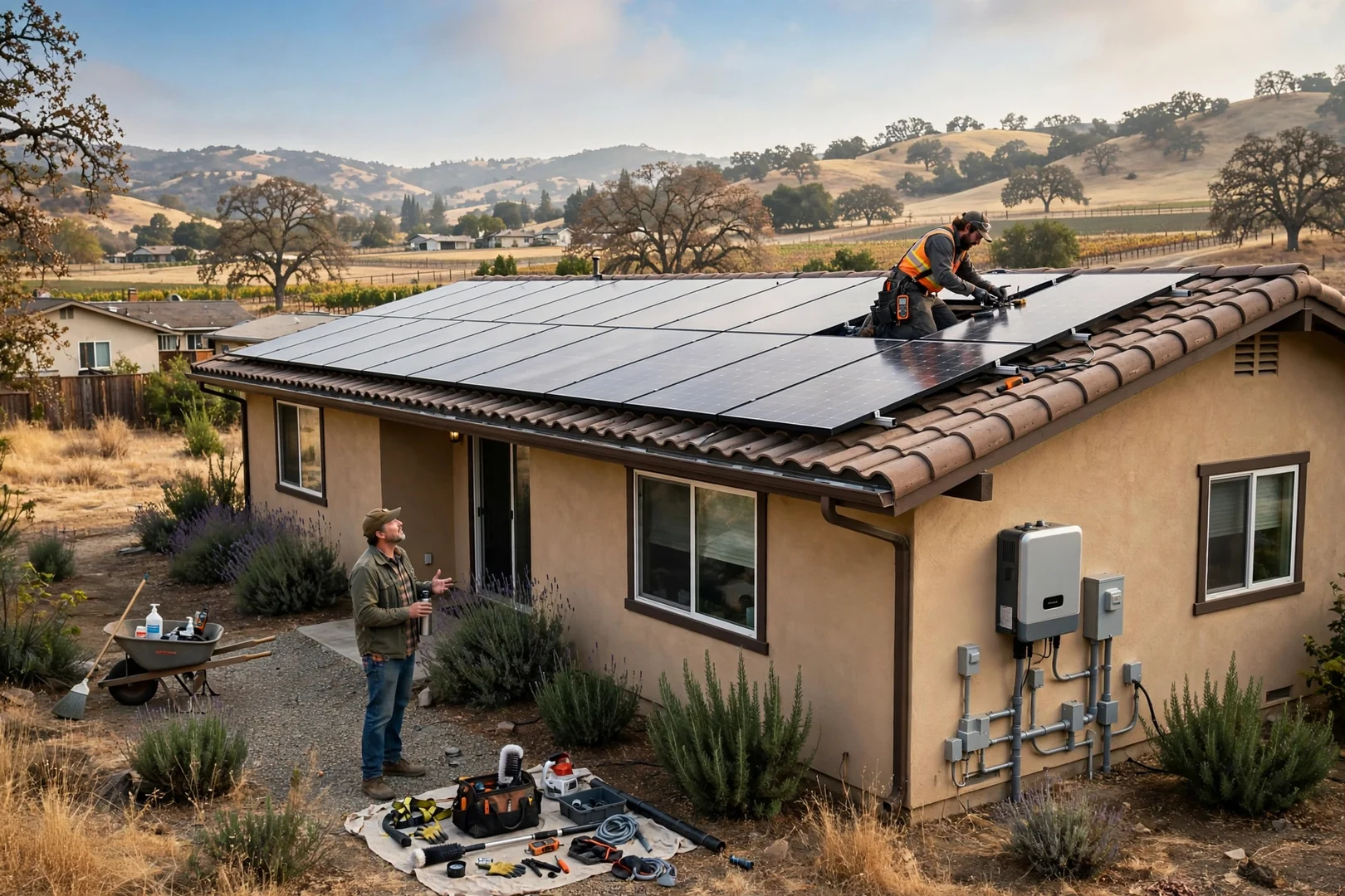 Wide view of rooftop solar array with hybrid inverter on a single-story valley home