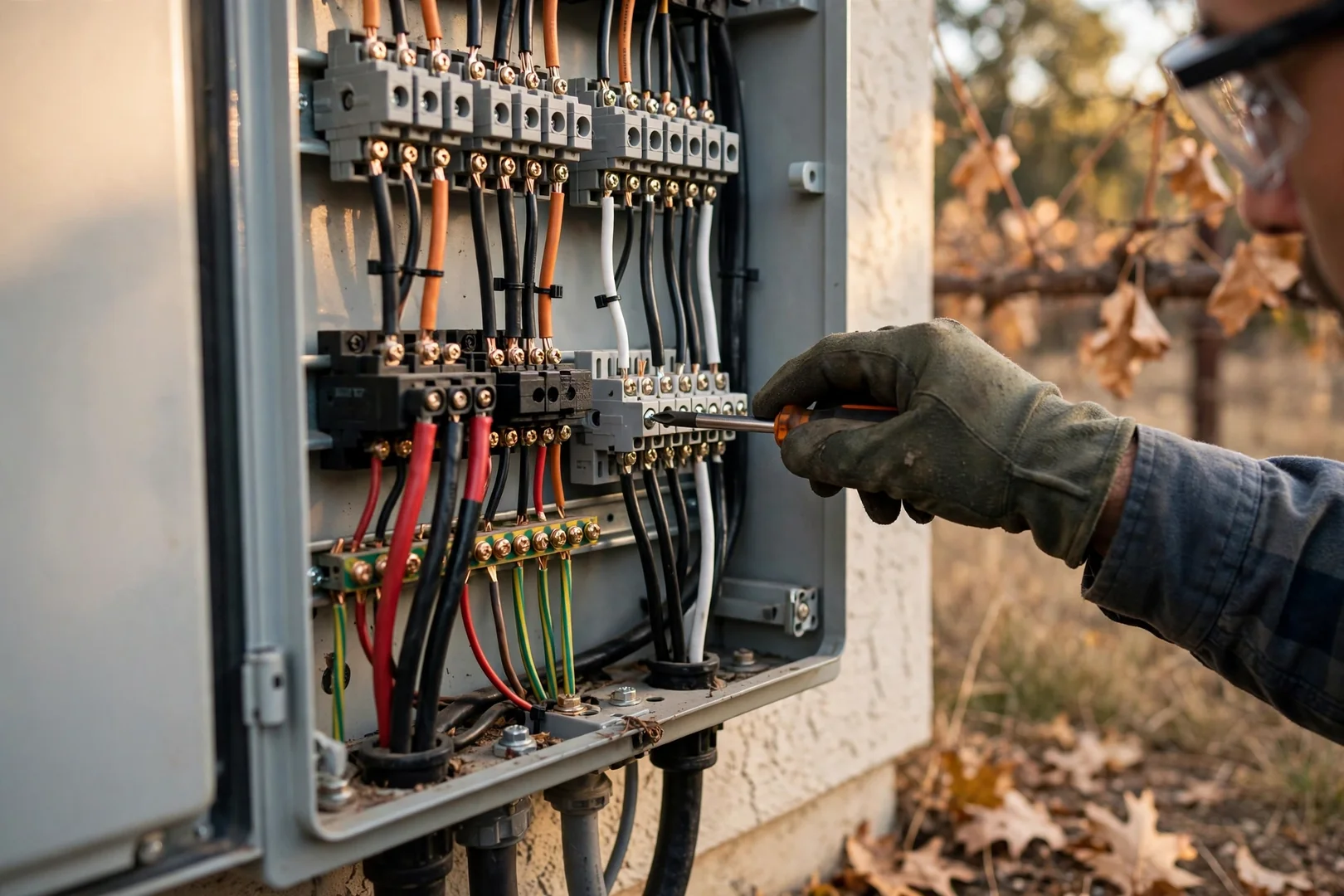 Close-up of hybrid inverter wiring terminals during commissioning on a residential install