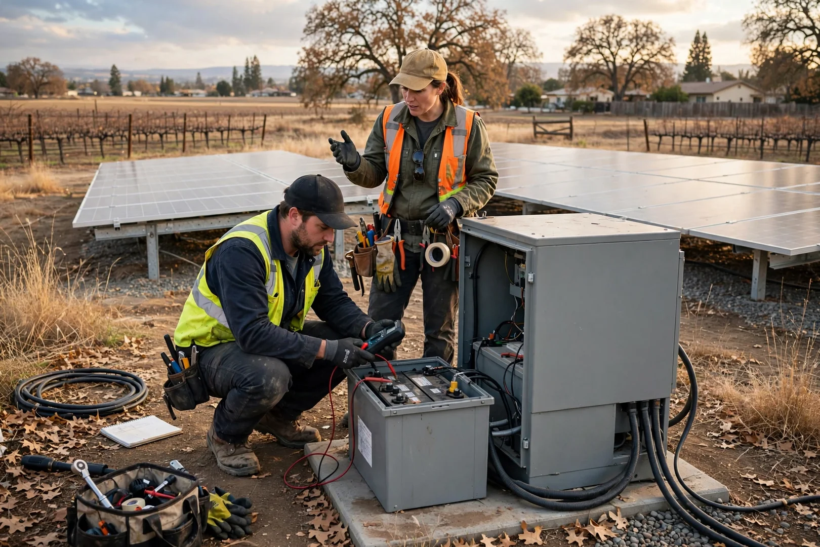 Ground-mounted solar array with battery enclosure on a rural parcel outside town