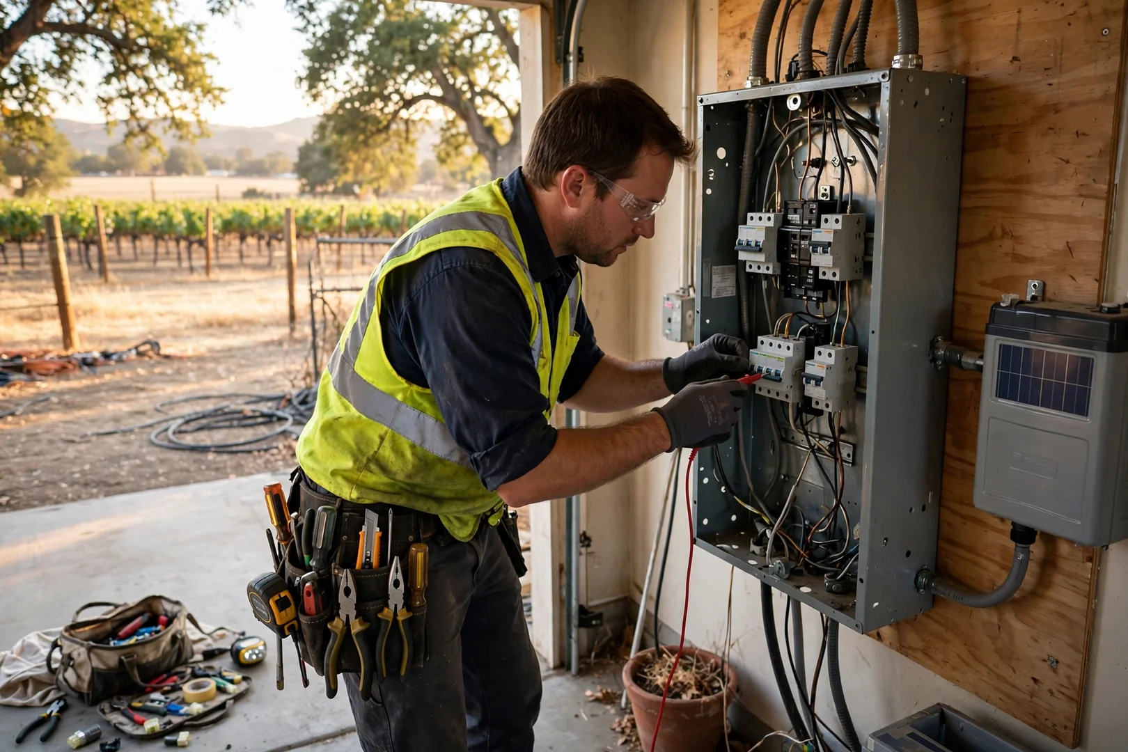 Technician checking critical-loads subpanel breakers inside a garage electrical area