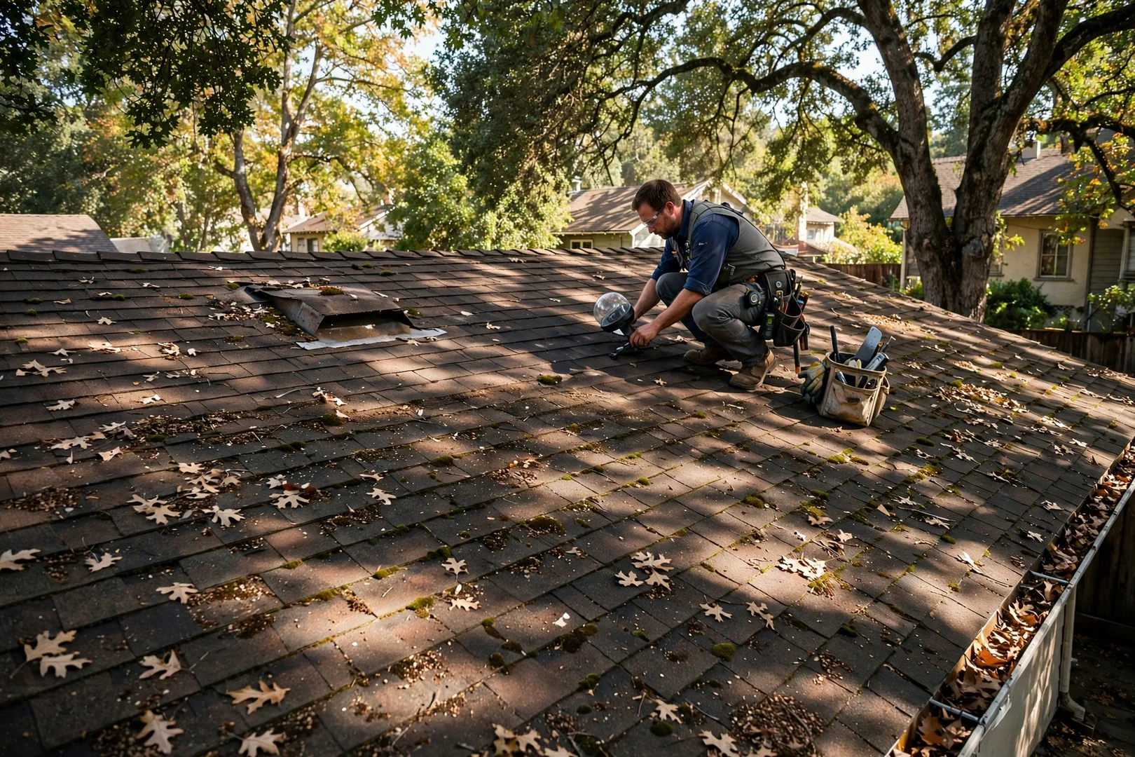 Older home roof before installation showing shading from mature neighborhood shade trees