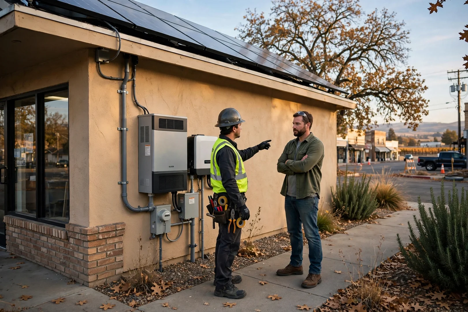 Finished hybrid solar installation on a small commercial building near the downtown corridor