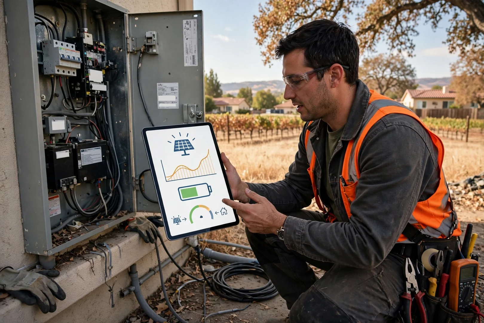 Monitoring app screen showing battery charge and solar production for a hybrid system