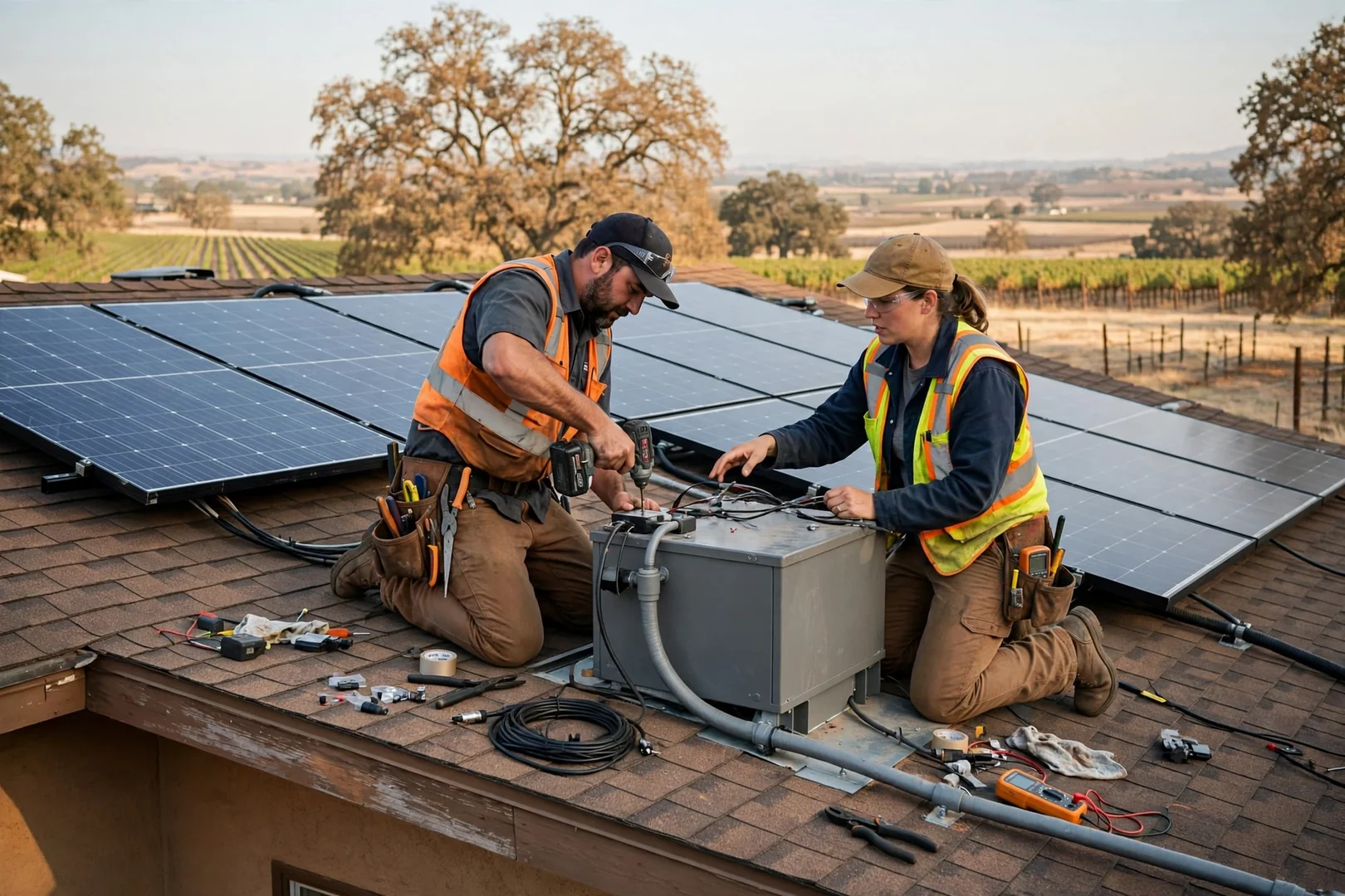 Hybrid solar array with battery backup on a ranch style Lodi home roof