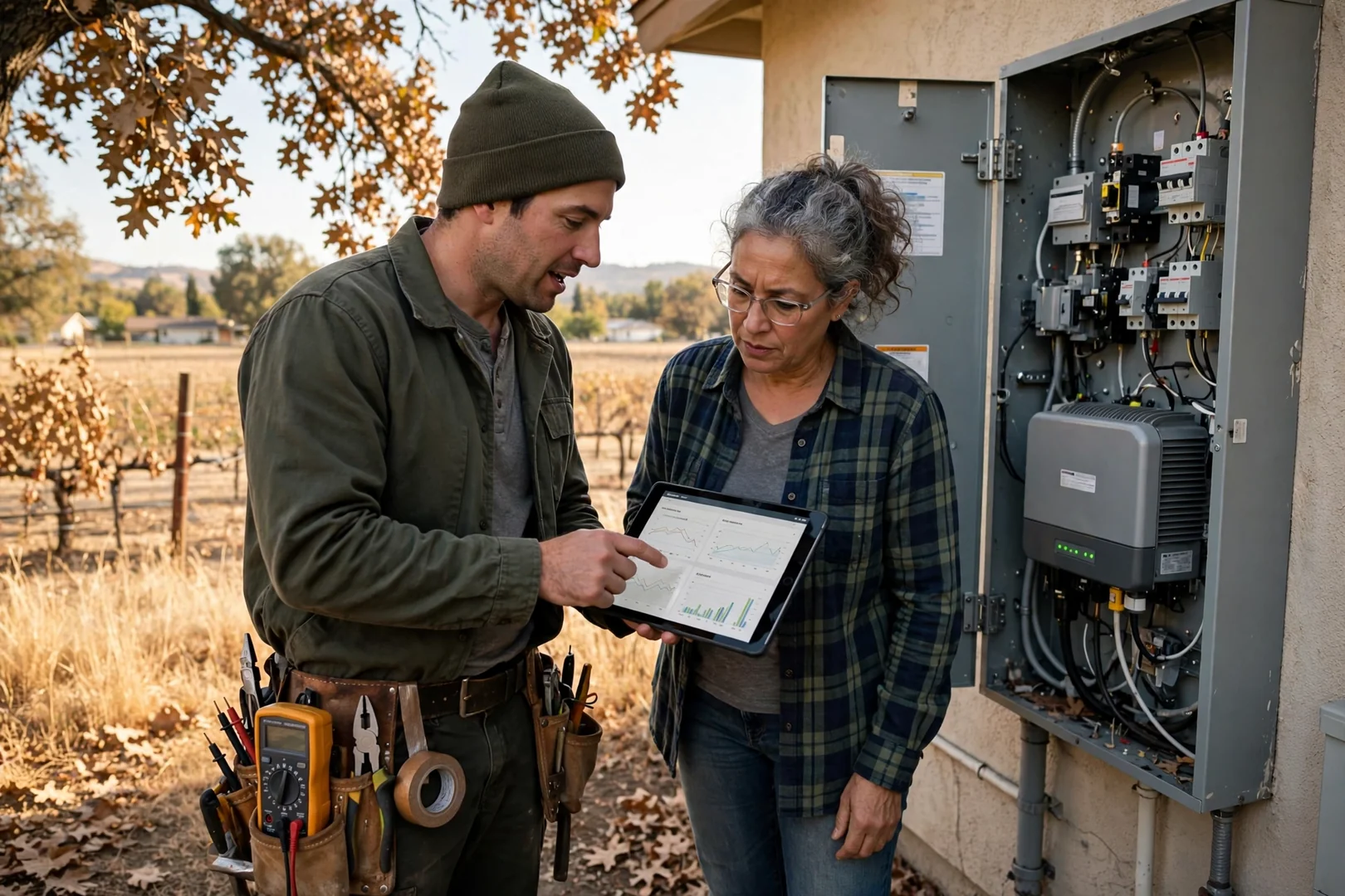 Installer reviewing hybrid inverter monitoring data with a homeowner at the panel
