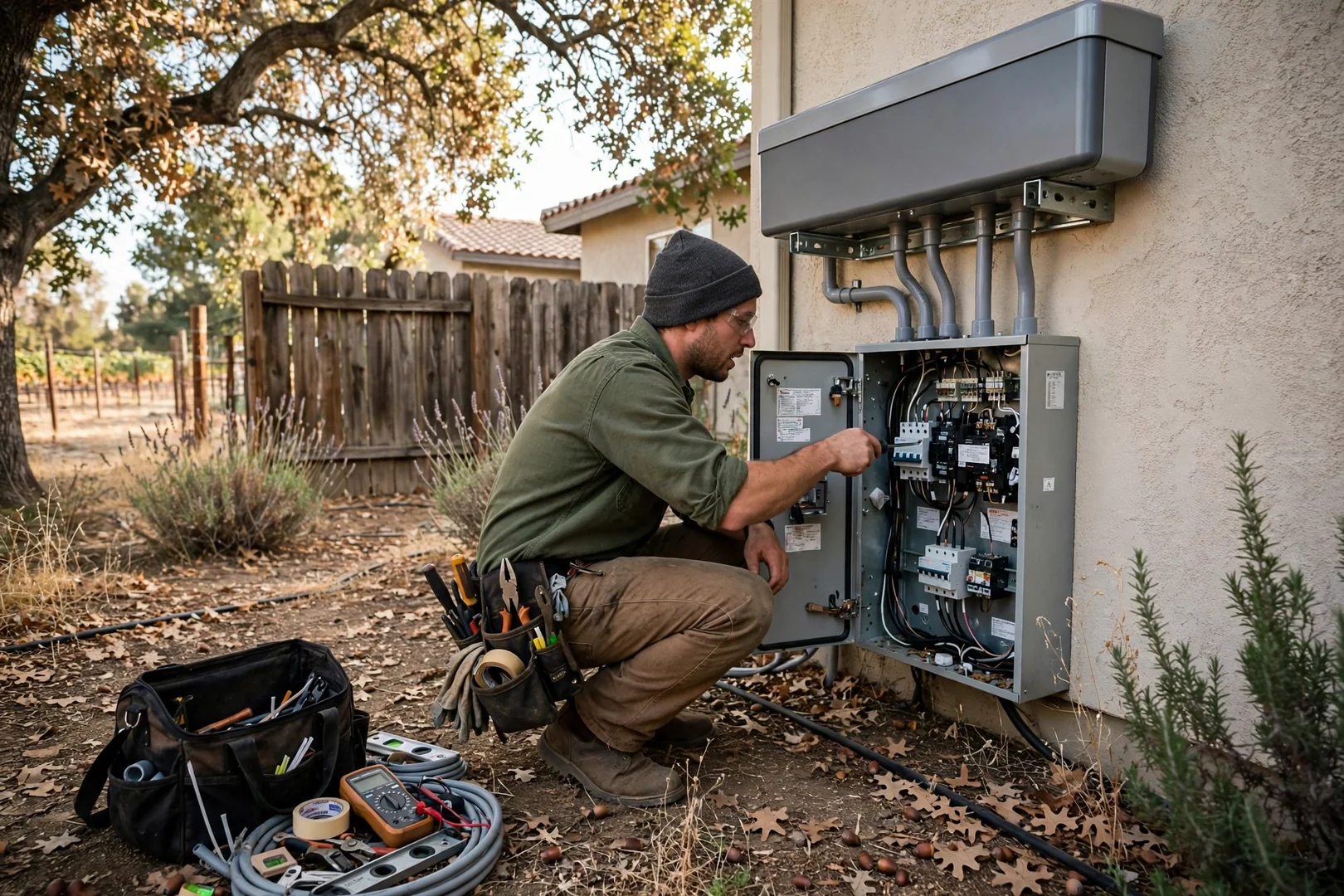 Wall mounted solar battery and critical load subpanel in a shaded side yard