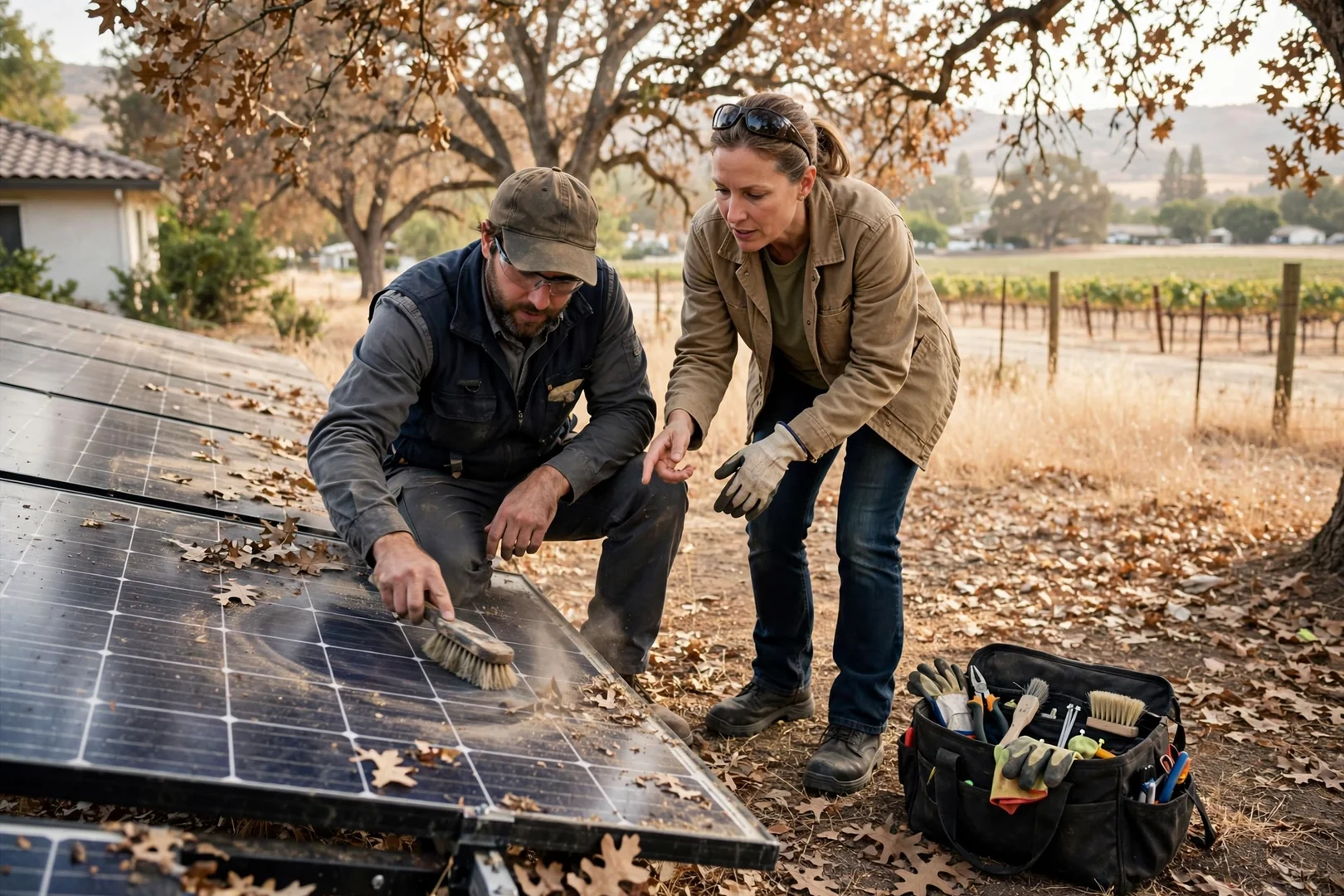 Solar technician reviewing battery bank sizing plans with a homeowner outdoors