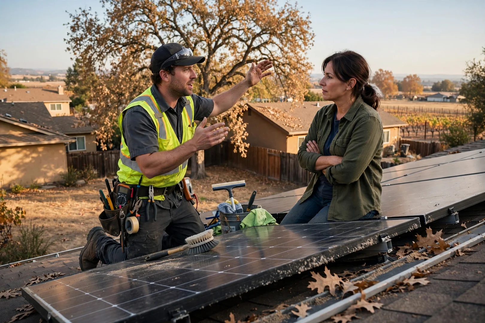 Technician reviewing off-grid solar battery bank and inverter setup at a rural Lodi property