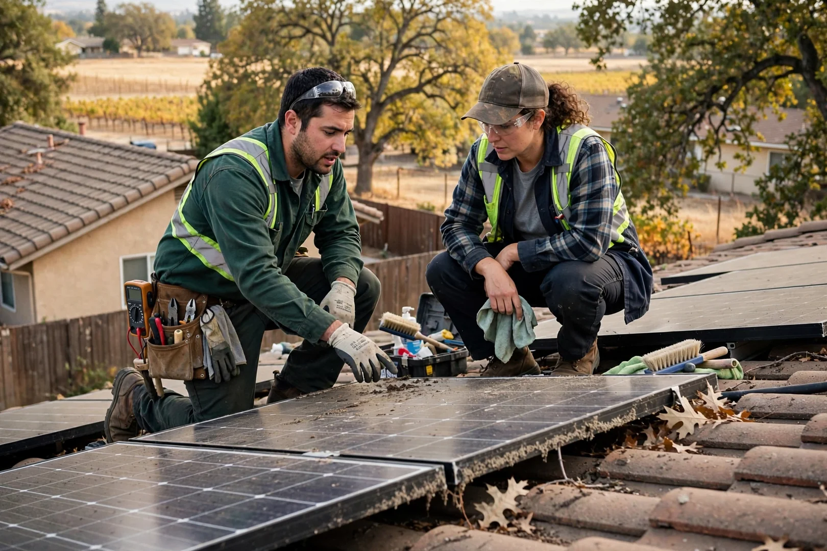 Ground-mounted off-grid solar array with battery enclosure on a rural Lodi property