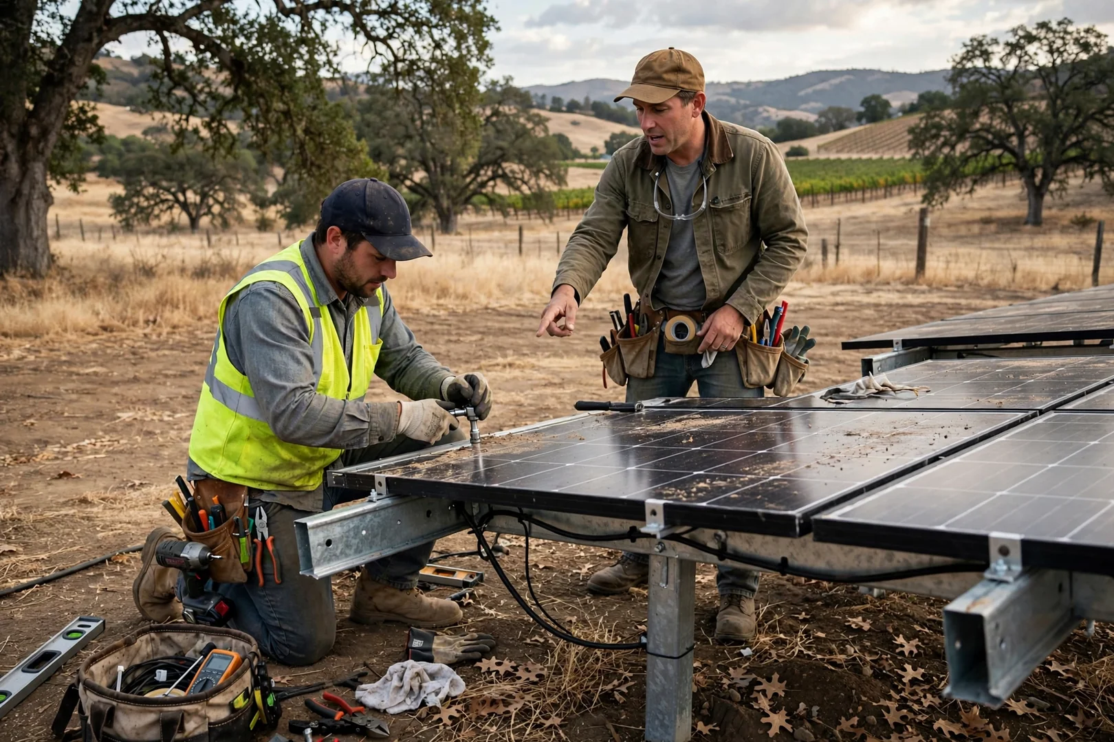 Ground-mounted off-grid solar array installed on a rural property outside Lodi
