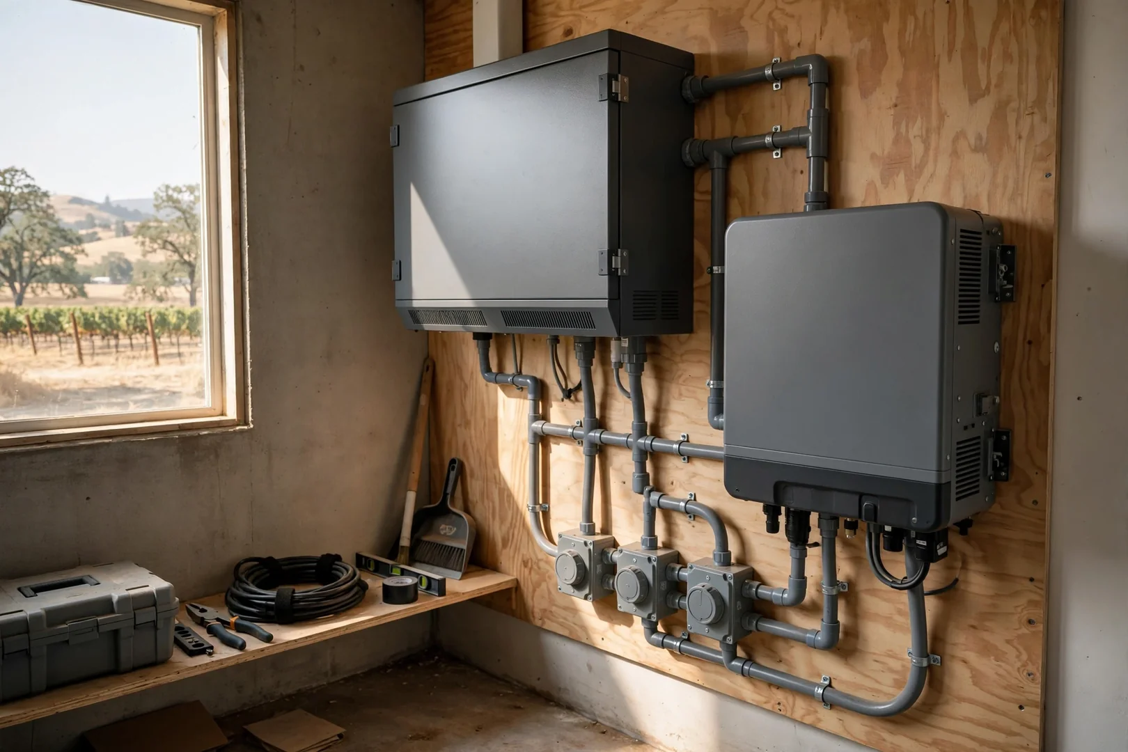 Battery bank and off-grid inverter mounted inside a clean utility room wall