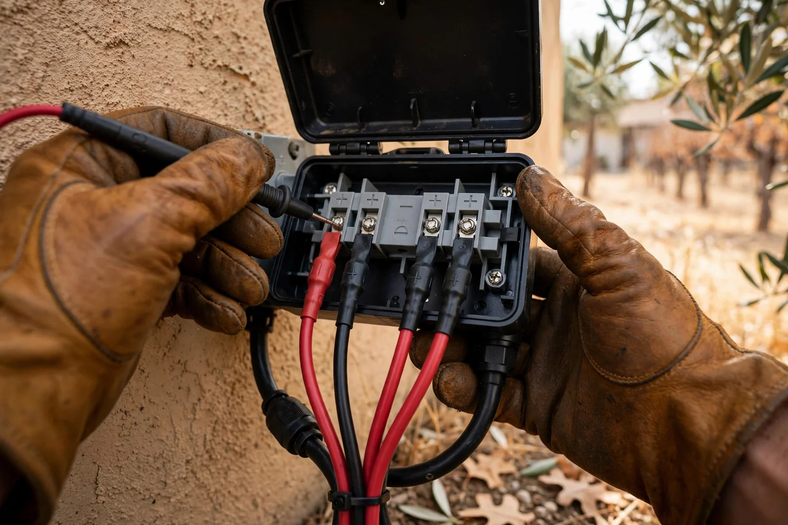 Close-up of MPPT charge controller wiring during off-grid system commissioning