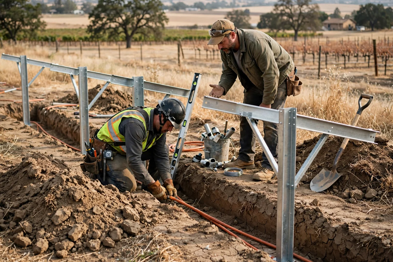 Steel racking and footings set in clay soil before solar panel mounting