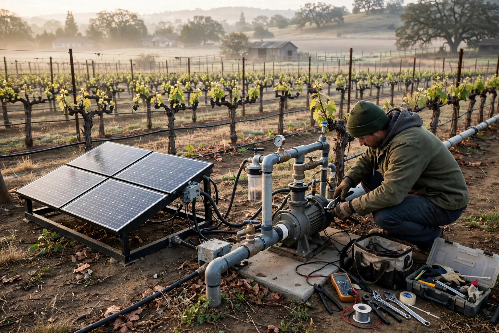 Off-grid solar panels powering an irrigation pump on a farm parcel