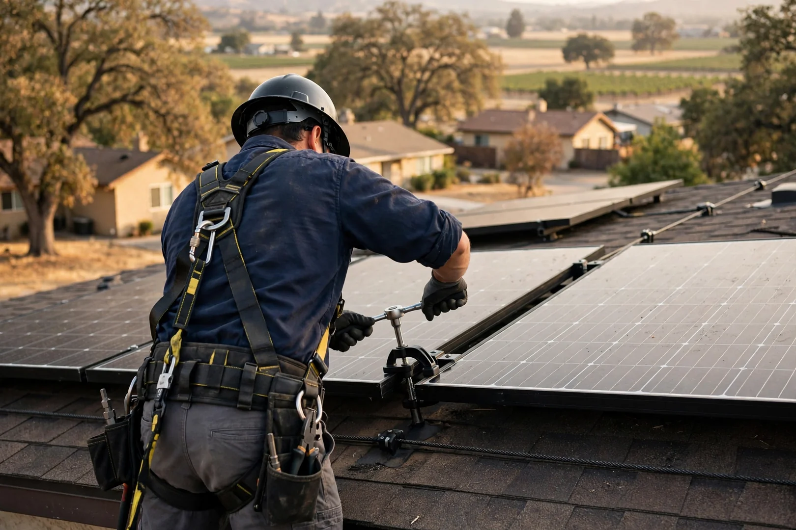 Technician torquing panel clamps on a rooftop off-grid solar installation
