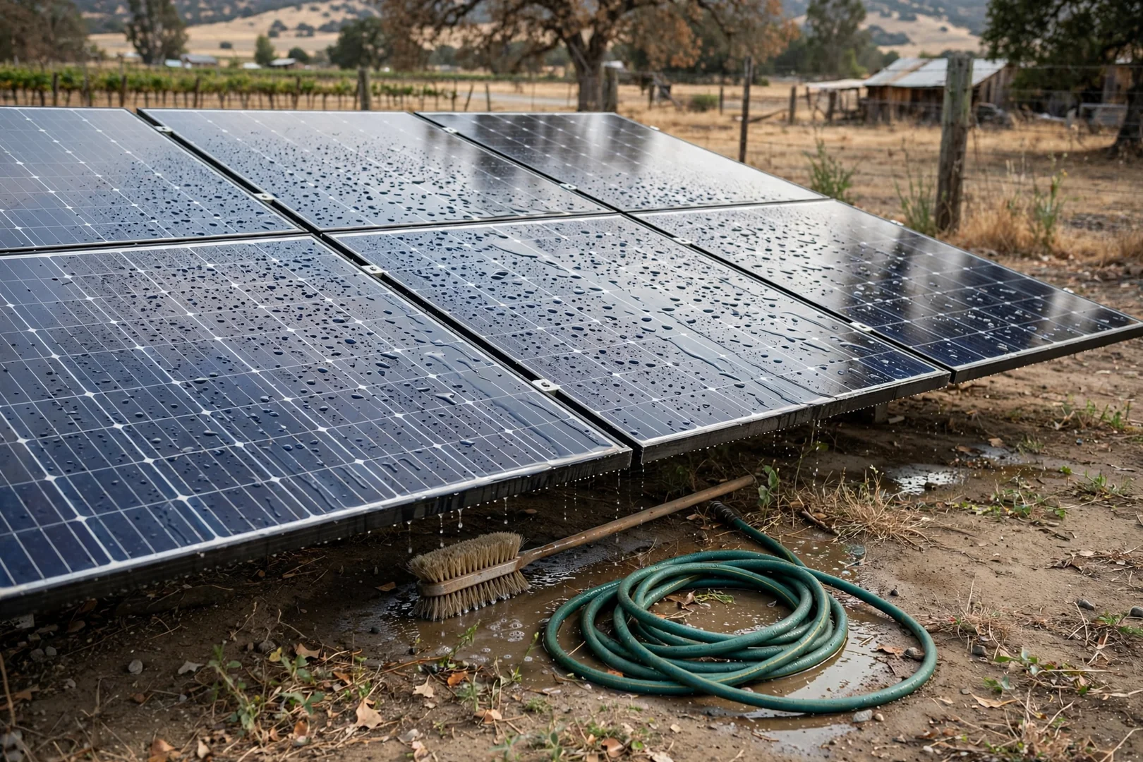 Solar modules cleaned after dusty harvest season on a valley property